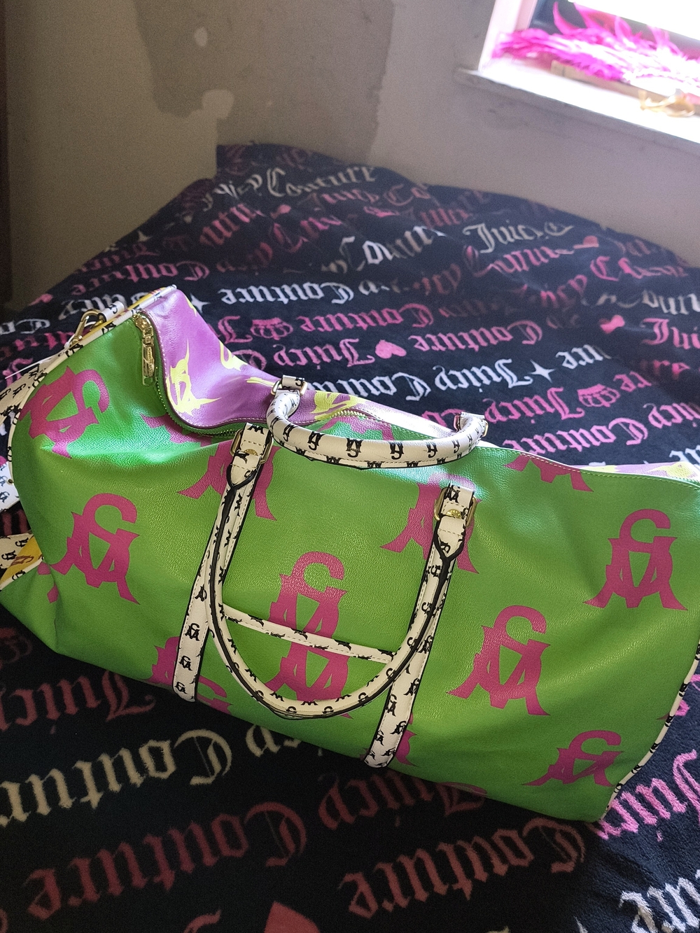 Green & Pink Monogram Travel Duffle Bag - Stylish Weekend Carry